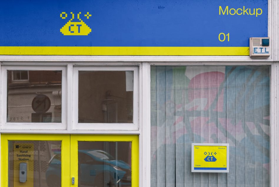 Urban storefront window sign mockup with blue and yellow accents ideal for logo presentation and branding for designers.